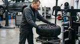 Professional male mechanic in work uniform and protective gloves operating a tire mounting machine to change a vehicle wheel in a modern car repair shop and automotive service center.