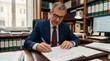 © Katsi - Professional businessman in suit writing document at desk in office bookshelves background legal law research study work office lawyer