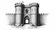 © Rohail - Medieval stone castle gate with large towers and protective walls drawn in ink style illustration