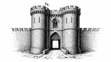 Medieval stone castle gate with large towers and protective walls drawn in ink style illustration