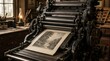 © TransPicHub - A vintage printing press produces a detailed black-and-white landscape print in a classic, rustic workshop setting.