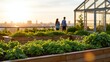 © Bonsales - Urban rooftop garden growing fresh herbs, people walking enjoying sunset over city skyline, sustainable living