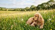 © An - A golden cocker spaniel rests peacefully in a vibrant wildflower meadow. The dog is lying down amidst colorful daisies and green grass, enjoying the beautiful countryside.