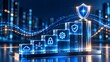 © MAMA Studio - Glass blocks forming a growth chart with digital security icons and a glowing shield on top symbolizing increasing cybersecurity strength and data protection