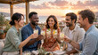 © RISHAD - Warm evening holiday celebration on a coastal balcony, diverse group clinking glasses of sparkling juice