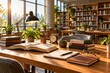 © zainab - Sunlit wooden desk in a cozy library, open books and study materials on a tabletop, warm academic office interior with bookshelves and plants