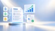 © UA Visuals - 3D render of digital document connected to glowing business analytics charts, graphs, and workflow icons representing financial reports and data integration.