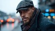 © Larisa AI - This striking portrait captures a ruggedly handsome man wearing a cap and scarf, embodying a sense of resilience and emotion in an urban setting during a rainy day.