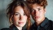© Larisa AI - A striking portrait of a young couple with vibrant hair and engaging expressions, showcasing modern fashion against a minimalistic background, highlighting youthful confidence.