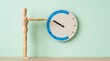 © Jakirul - Wooden mannequin pointing at wall clock with blue graphic design on green background