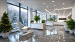 © syhin_stas - Modern dental clinic interior with a clean white dental chair and equipment, green plants and a decorated christmas tree beside large windows revealing a snowy winter forest view