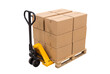 © Justin - Yellow manual pallet jack loaded with stacked cardboard boxes on a wooden pallet isolated on a white background