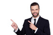 © deagreez - Portrait of satisfied stylish trendy fashionable cheerful excited confident expert with toothy beaming smile demonstrating copy empty blank space over the shoulder isolated gray background copyspace