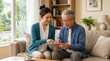 © Тоха Шикула - An elderly man and a young woman share a joyful moment using a tablet at home
