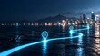 © M@rketVisualsStudio - Glowing digital navigation path with location pins tracing a route toward a modern city skyline at night representing smart logistics and GPS tracking