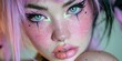 © maxbarbosac - Close-up portrait of a pink-haired woman with freckles graphic eyeliner green eye accents glossy lips and a visible septum ring Concept of experimental beauty