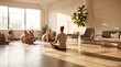 © FaizanWorkspaces! - Yoga Class Meditation Group practicing mindfulness and stretching on mats in a sunlit airy wellness studio with warm morning light and plants