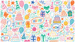 © PNG WORLD - Colorful Birthday Party Doodle Seamless Pattern, Festive Celebration Icon Vector Set, Birthday Elements and Confetti Background