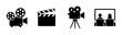 © black man - Cinema icon set featuring film projector, movie clapperboard, video camera