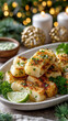 © syhin_stas - Cuban yuca con mojo on a festive holiday table with sparkling lights, pine branches, and white candles, presenting a traditional dish for christmas celebrations