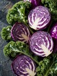 © Pete - Fresh purple cabbage halves, green kale leaves arranged on dark stone background. Raw organic vegetables show detailed texture, vibrant colors. Healthy superfood composition for vegan diet, nutrition
