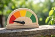 © shahjalal - Wooden risk gauge with colorful red, orange, yellow and green scale on rustic outdoor ledge, symbolizing measurement, warning, performance, assessment and monitoring.
