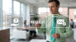 © BizTech_AI - Concept of request. Business person using virtual touch screen presses the text REQUEST businessman touching screen