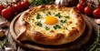 © miss irine - Traditional Georgian Adjarian khachapuri bread with melted cheese, runny egg yolk on wooden board. Hot savory cheese boat decorated with fresh parsley. Tasty ethnic food served with cherry tomatoes,