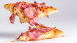 © Shelinaakter - Two crispy pizza slices with pepperoni and melted cheese floating against a white background