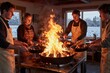 © Beniamin - Four Caucasian adults young and mature cooking together around a large indoor fire pit with open flames in a rustic kitchen wearing aprons