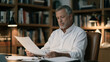 © AnastasiiaRozhmanova - Retiree age male partner reviewing contracts at midnight in a law office, bookshelves behind him, reading glasses in hand, senior professional late hours, legal sector burnout,