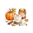 © en_studioart - Jesień kubek dynia świece latte ilustracja