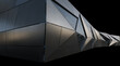 © MdShahajan - Modern architectural facade with sharp, angular dark panels and reflective triangular glass windows, creating a dynamic and contemporary building exterior against a black void.
