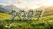 © Zaygun - The year 2024 formed from wildflowers in a lush green meadow with mountains