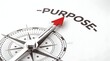 © ADF - Compass pointing towards the word Purpose on a white background symbolizing direction and goal achievement in life or business