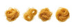 © Deni - Set of four uncooked capellini pasta nests or angel hair noodles isolated on white transparent background, top view of dried Italian gourmet pasta portions for healthy cooking and cuisine.