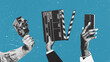 © Igor Link - A hand holding a retro film camera, a smartphone, and a clapperboard. Film production equipment to choose from.