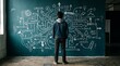 © MstMoyna - Young man standing in front of a green chalkboard with complex business strategy and decision making flow chart diagrams