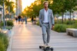 © YouraPechkin - Man in business attire rides electric skateboard along trendy urban pathway during sunset