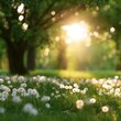 © Daria - Sunlight filters through lush trees over a field of dandelions in a serene spring meadow during golden hour light