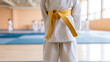 © photo for everything - Young martial artist student wear white uniform and yellow belt standing in a bright dojo gym hall ready for practice during class session