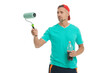 © be free - Paint roller for decorator. Renovation work. Decorator man do renovation painting. Man renovator isolated on white. Renovating painter. Construction project. Man painter hold painting roller