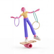 © Robert Garcia - 3D cartoon character balancing on wooden board with rings in hands for skill and coordination concept