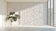 © Maika - Monstera plant in a minimalist white architectural interior with intricate sunlight and shadow patterns, stylish and sophisticated