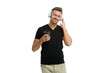 © be free - Mature surprised man drink coffee. Lifestyle and music. Audio book. Man listen music in audio headphones isolated on white. Modern man lifestyle. Modern lifestyle. Listen audio book in headphones