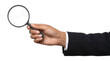 © Abdulmalek - Businessman in black suit holding a round magnifying glass with a black handle isolated on transparent PNG background