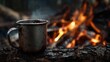 © วิภาวรรณ ตันตาแก้ว - A tin mug of coffee being heated over an open campfire in a forest setting.
