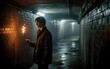 © erina - Young man holding a sparkler in a dark underground brick tunnel.
