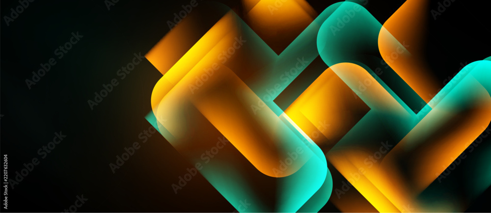 Abstract geometric shapes overlap, creating vibrant orange, teal ...