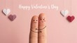 © SHIRIN - Happy valentine day concept with two cute fingers hugging each other on a soft pink background with paper hearts
